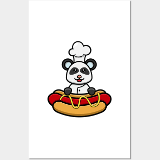 Sticker and Label Of Cute Baby Chef Panda On Hot Dog Posters and Art